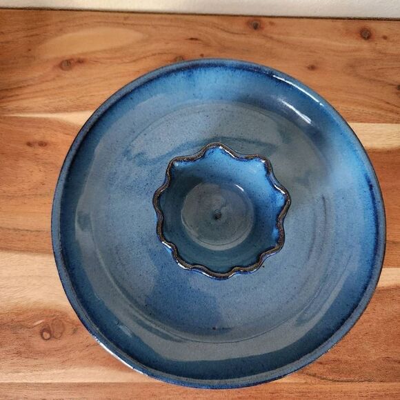 Salsa & chips party platter plate handmade blue glaze pottery Mexican style flut - Picture 2 of 4